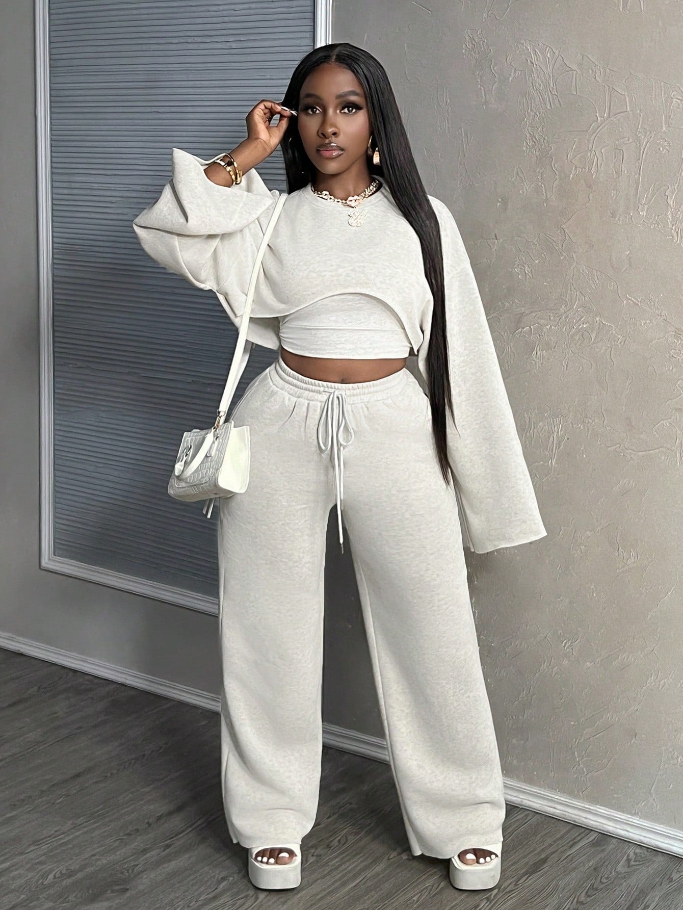 Long Sleeve Cropped Top, Cami, And Wide Leg Pants Set – Cute