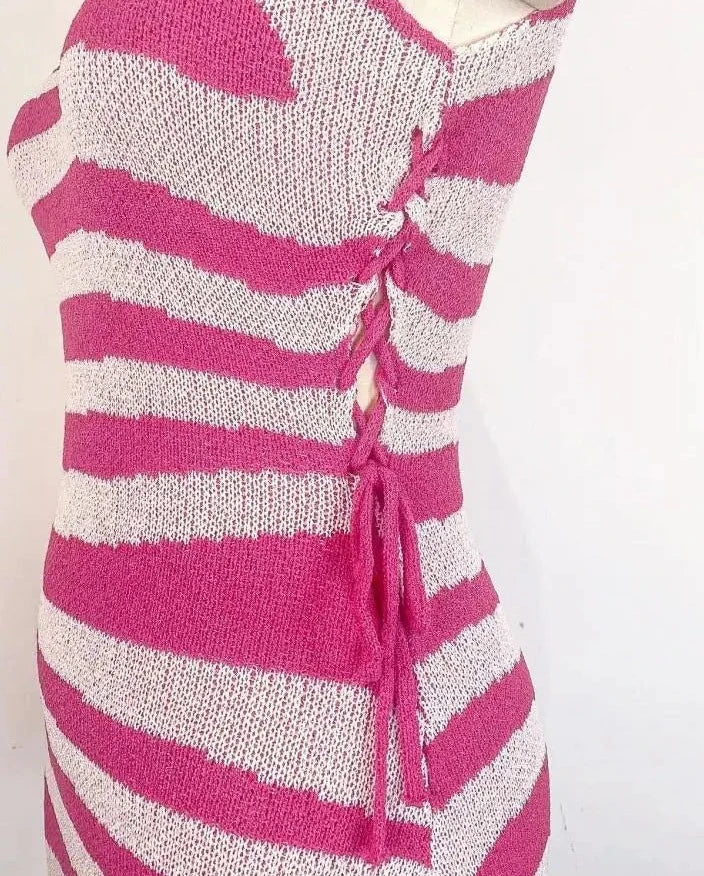 Knitted Stripe Turtleneck Sleeveless  Hollow  Bodycon dress