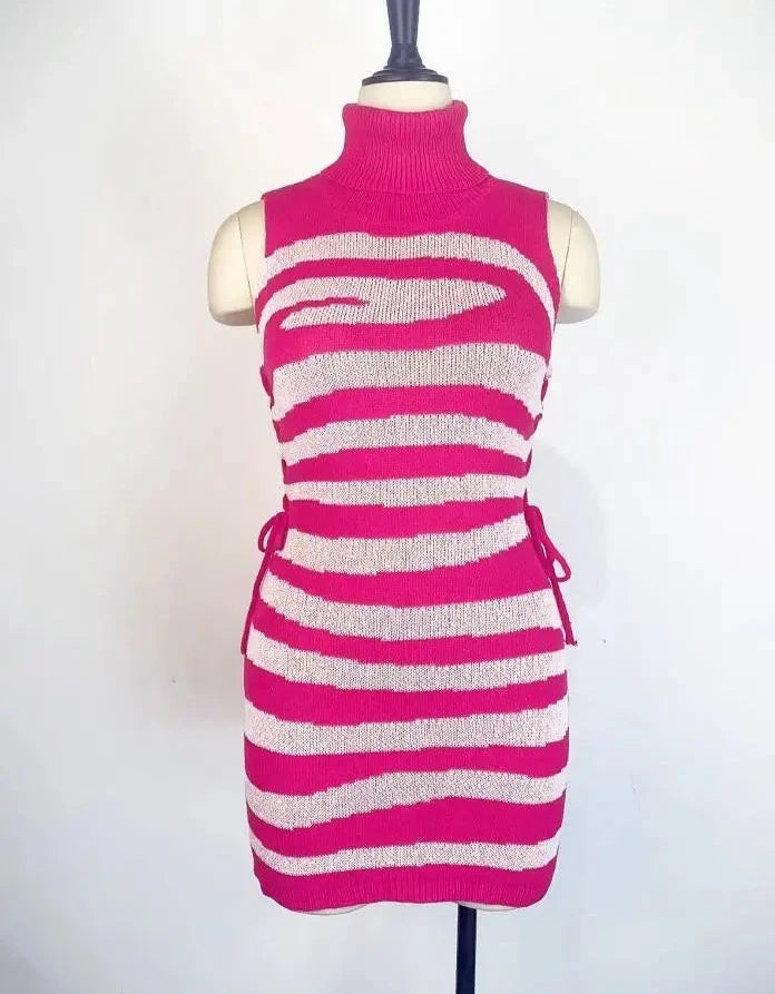 Knitted Stripe Turtleneck Sleeveless  Hollow  Bodycon dress