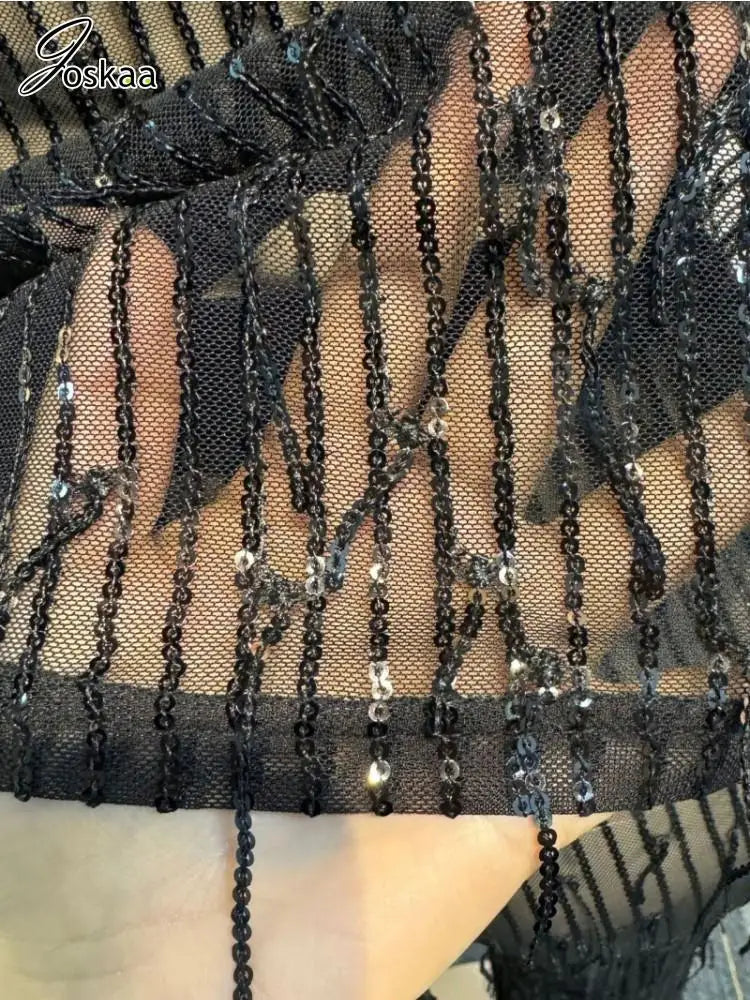 Joskaa Sexy Fringe Sequin Perspective 2 Piece Set Women Lapel Long Sleeve Button Blouse and High Waist Pants Match 2024 Clubwear