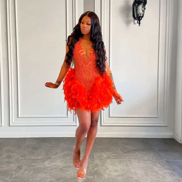 pink and orange feather dress Elegant Orange Feather Trim Bodycon Evening Dress on Luulla