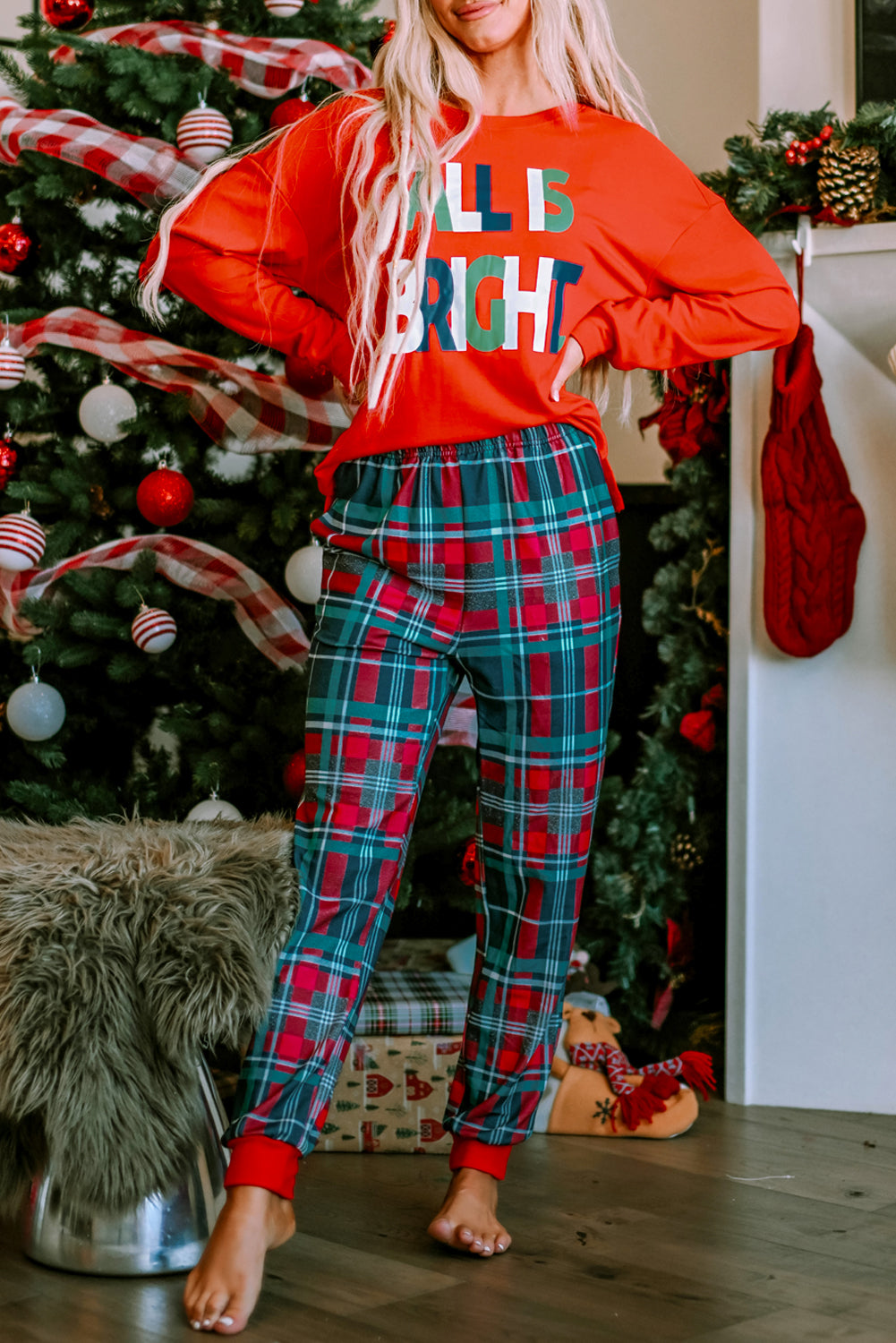 Multicolor  Plaid BRIGHT Graphic Christmas Pajamas Set
